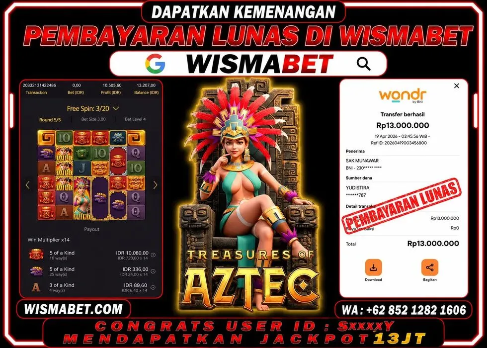 Wismabet - BUKTI KEMENANGAN Treasure of Aztec Rp13,000,000,- LUNAS